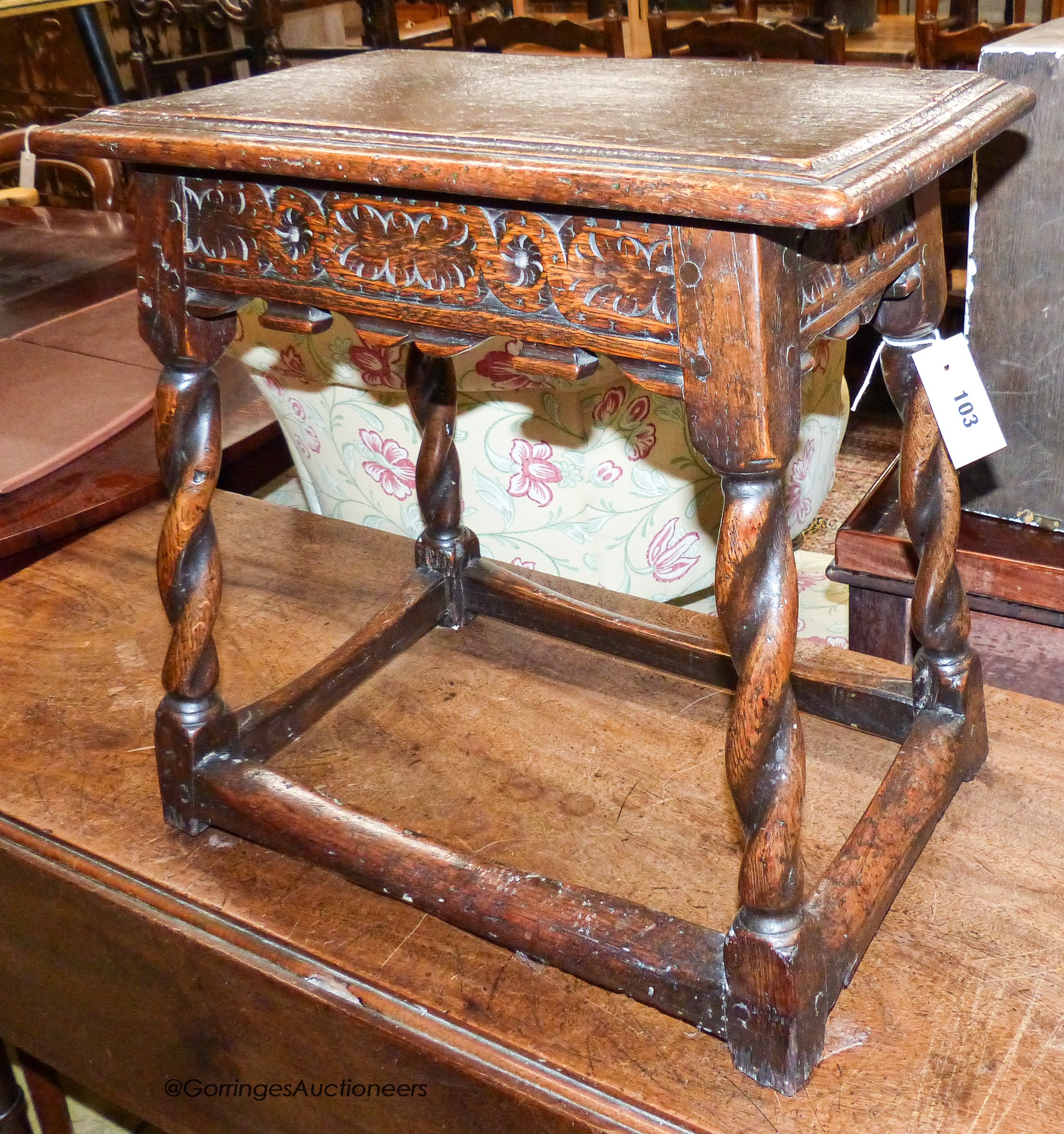 A late 19th / early 20th century oak joint stool on spiral-turned legs, width 46cm, depth 32cm, height 46cm